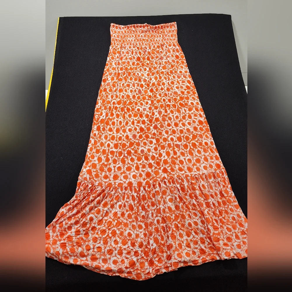 Michael Kors Women’s L Orange White Strapless Maxi Dress Ruffle Hem Summer - Picture 5 of 9